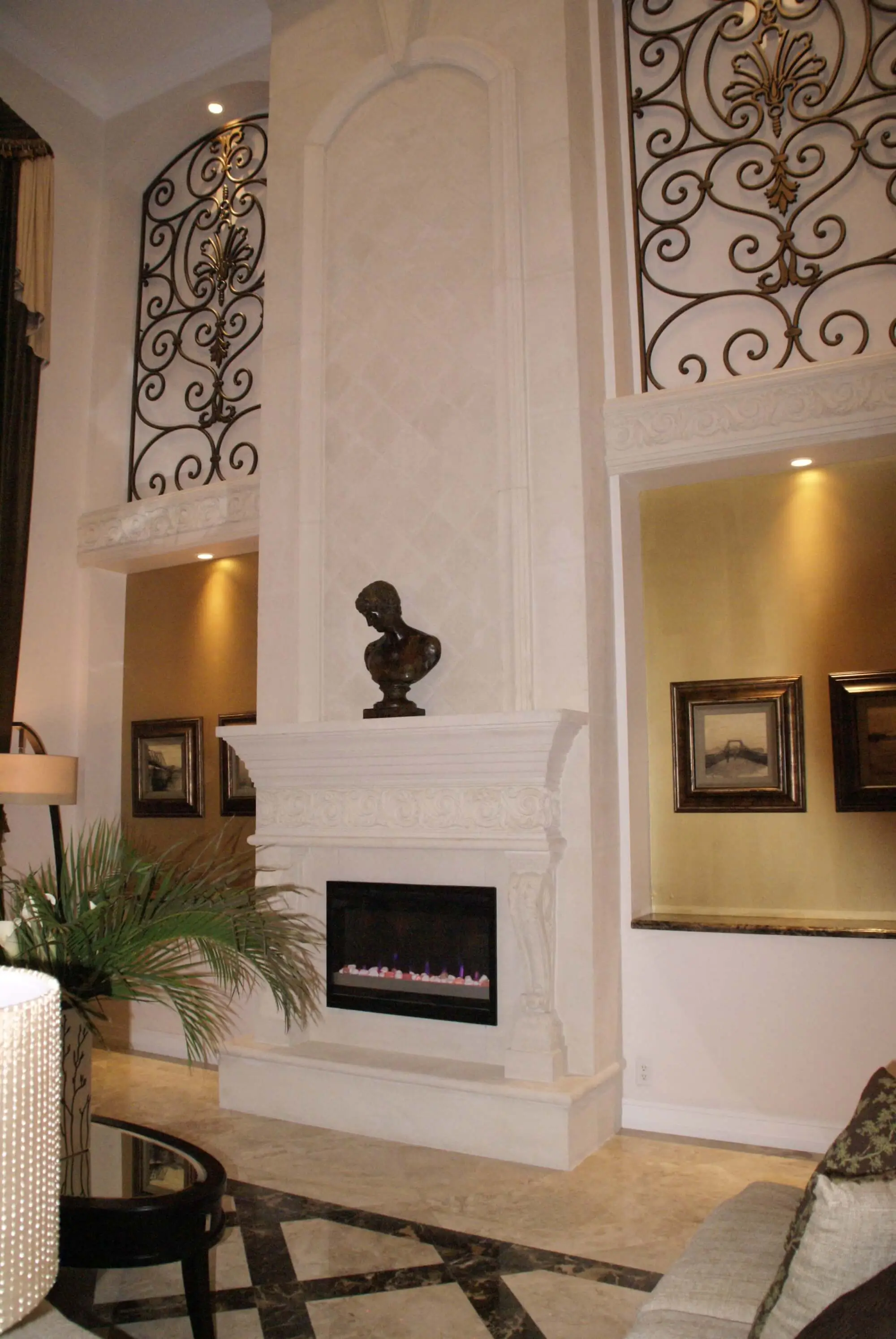 Cream Colored Living Room Fireplace with Decorative Accents